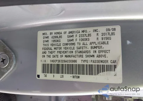 2009 Honda Accord 2.4 Lx z USA, uszkodzony, nr VIN 1HGCP26329A030986